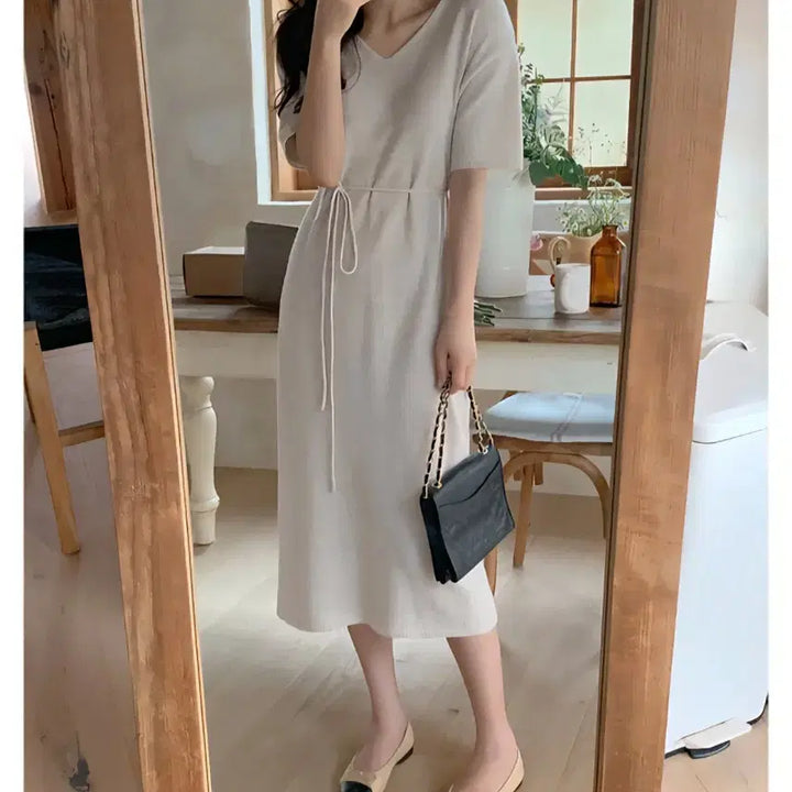 [BUNJANG] Pervbit V-Neck Short Sleeve Knit Dress / 퍼빗 브이넥 반팔 니트원피스 임산부 임부복 렌느