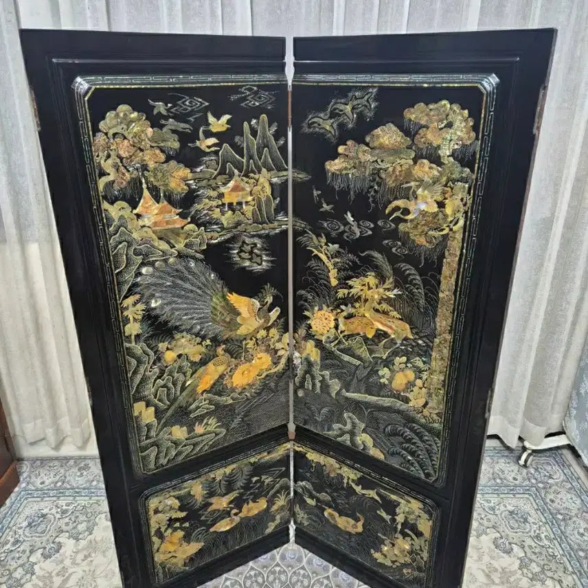 [BUNJANG] 1970s Vintage Gold Mother-of-Pearl 2-Panel Folding Screen / N4-8 70s 빈티지 &