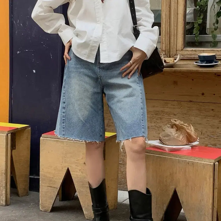 [BUNJANG] Blue Cut Bermuda Shorts - Size S / 미착용 새상품 중청 컷팅 버뮤다팬츠 S