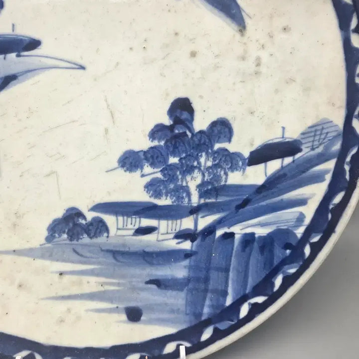[BUNJANG] Antique Imari Porcelain Celadon Landscape Large Plate / 골동품 120년전후 이마리 청화 산수문 대반 폭34