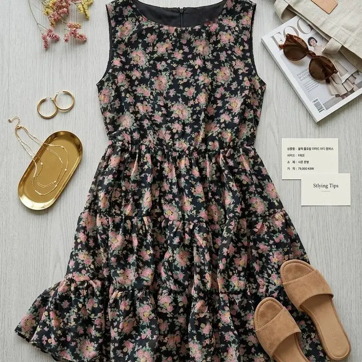 [BUNJANG] Black Flower Pattern Chiffon Midi Dress / (새상품)블랙 플라워 패턴 쉬폰 미디 원피스 55