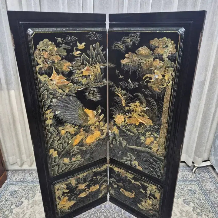 [BUNJANG] 1970s Vintage Gold Mother-of-Pearl 2-Panel Folding Screen / N4-8 70s 빈티지 &