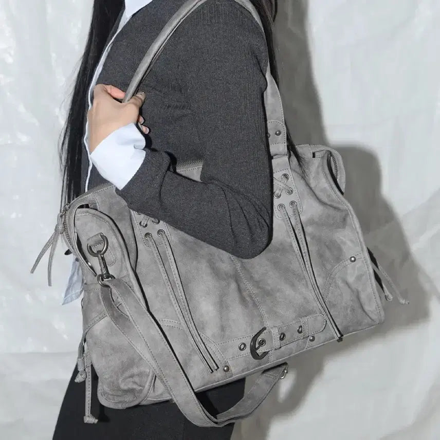 [BUNJANG] Fancy Club Belted Washed Leather Bag - Grey / 팬시클럽 fancy club 벨티드 워싱 레더백 그레이