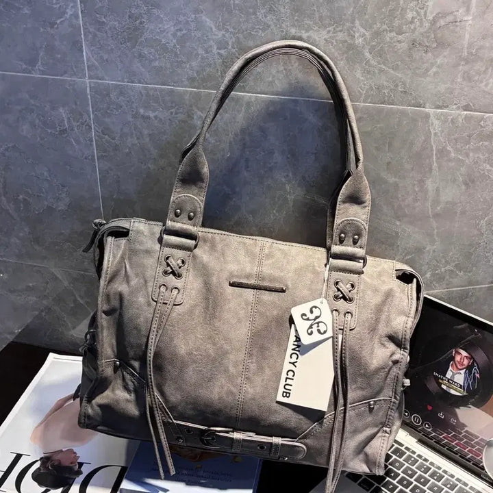 [BUNJANG] Fancy Club Belted Washed Leather Bag - Grey / 팬시클럽 fancy club 벨티드 워싱 레더백 그레이