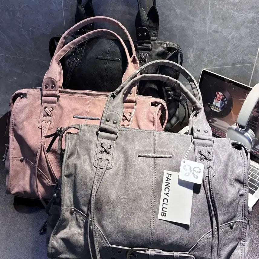 [BUNJANG] Fancy Club Belted Washed Leather Bag - Grey / 팬시클럽 fancy club 벨티드 워싱 레더백 그레이