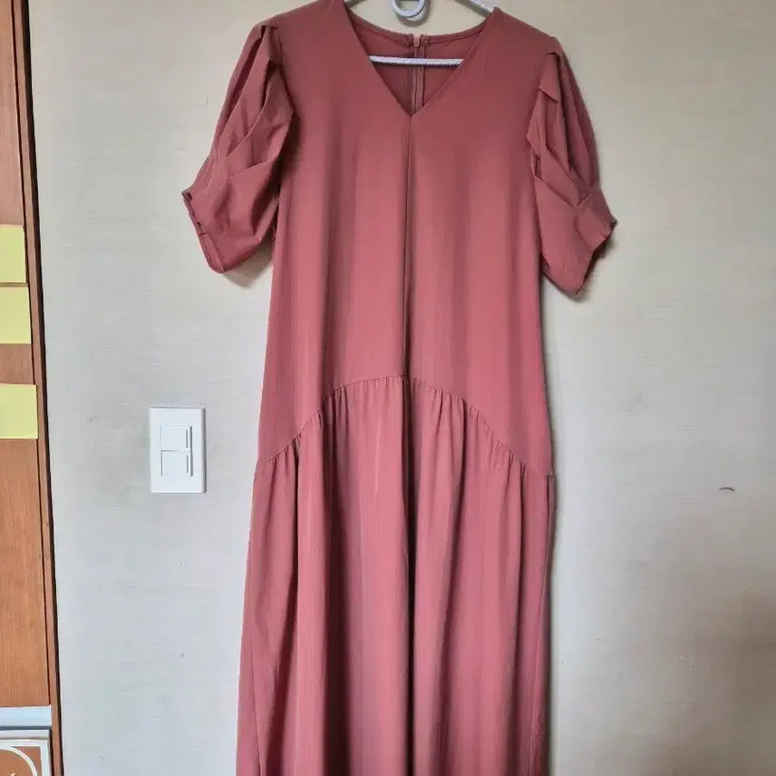 [BUNJANG] Pink Puff Sleeve Long Dress / 핑크 퍼프 소매 롱 원피스
