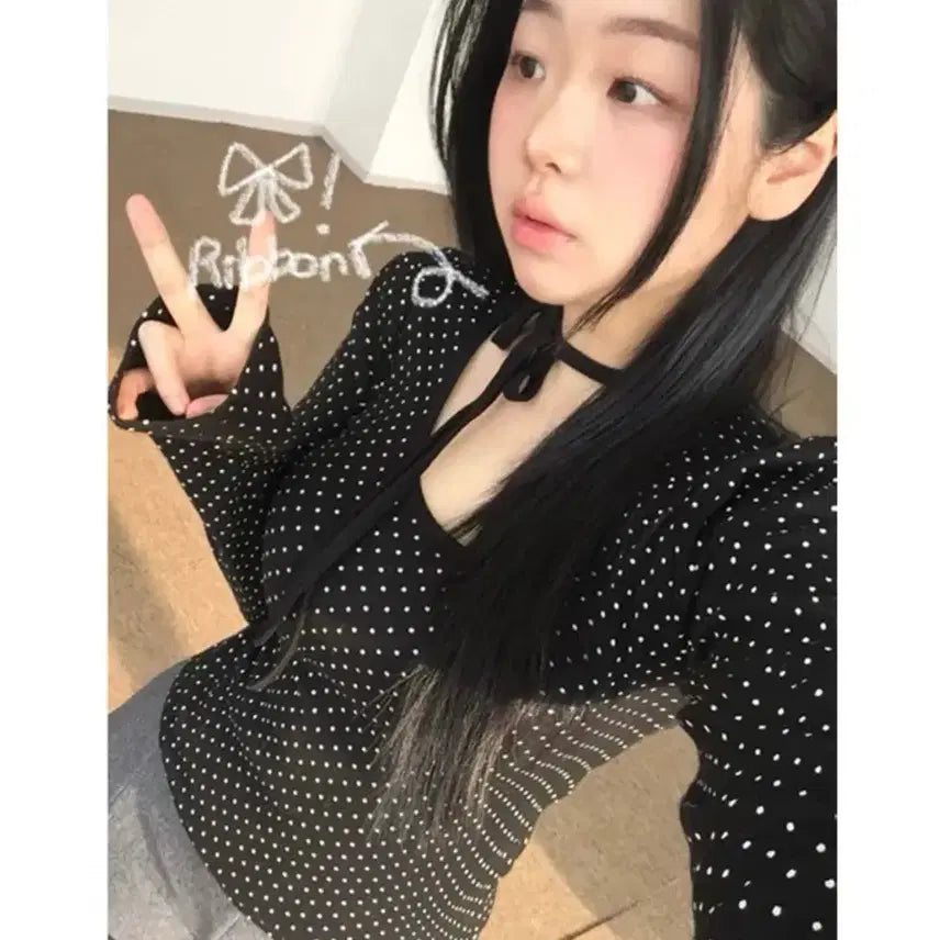 [BUNJANG] Dot Ribbon Strap Long Sleeve Top / 에이블리 도트 리본 스트랩 긴팔
