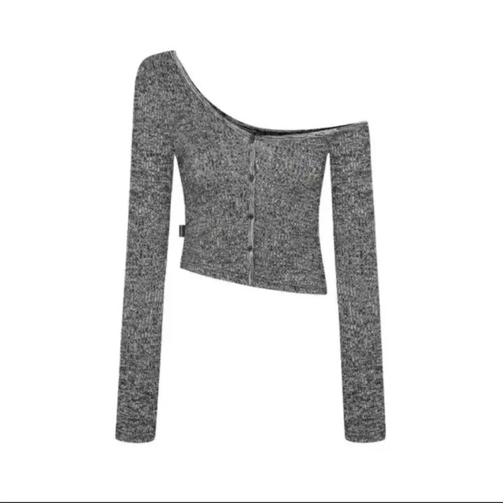 [BUNJANG] 3times One Shoulder Button Tee Charcoal (Winter Model) / 쓰리타임즈 원숄더 버튼티 차콜(윈터 착용)