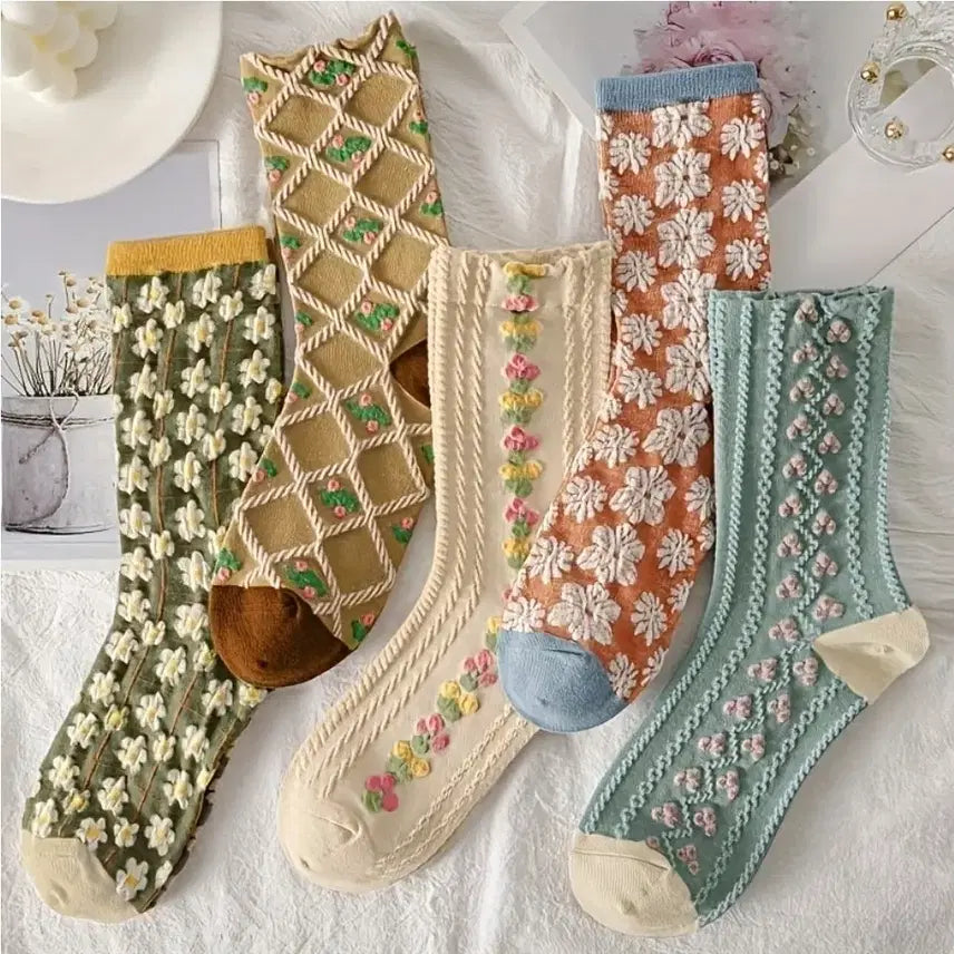 [BUNJANG] Flower Embroidery Socks Set (5 Pairs) / 플라워 자수 양말세트(새상품)