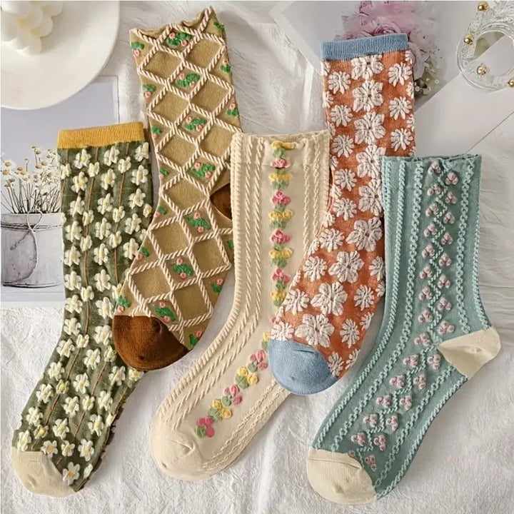 [BUNJANG] Flower Embroidery Socks Set (5 Pairs) / 플라워 자수 양말세트(새상품)
