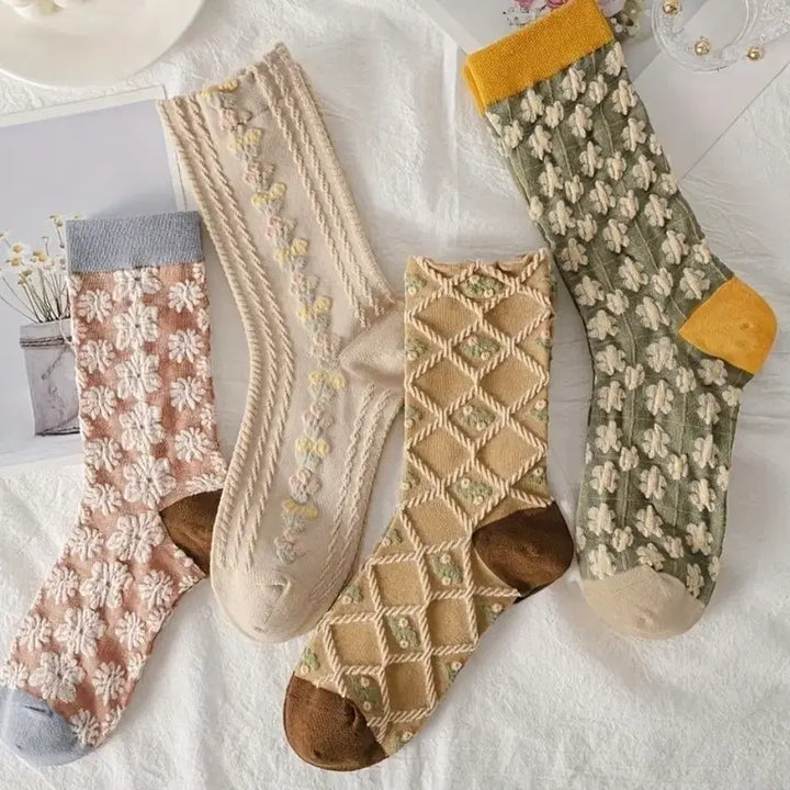 [BUNJANG] Flower Embroidery Socks Set (5 Pairs) / 플라워 자수 양말세트(새상품)
