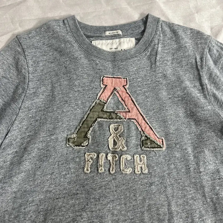[BUNJANG] Abercrombie &amp; Fitch Patch Short Sleeve T-Shirt Grey / 아베크롬비 앤 피치 정품 핑크그린 패치 반팔 그레이