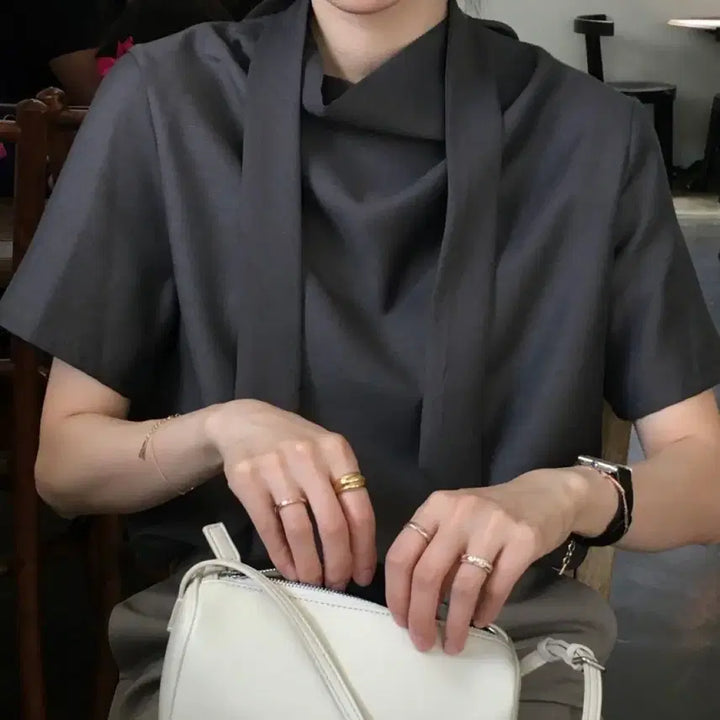 [BUNJANG] Draped Tie Half Blouse (Charcoal) / 어랜 타이 블라우스 (차콜) Draped tie half blouse