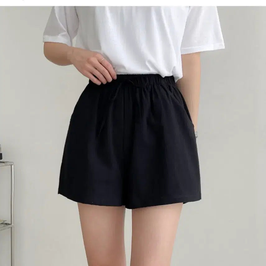 [SOLD OUT] 블랙 검정 투비 린넨 밴딩 숏 팬츠 반바지