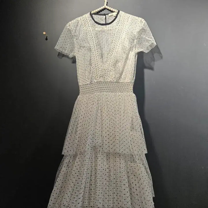 [BUNJANG] Maje White Dotted Tiered Long Dress / 마쥬 화이트 도트 캉캉 롱 원피스