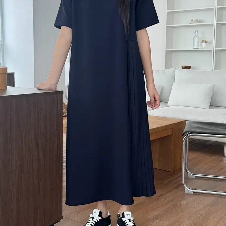 [BUNJANG] Side Pleated Long Dress Navy Plus Size (Up to 77) / 새상품 사이드 플리츠 롱 원피스 네이비 빅사이즈 임부복 가능 77까지