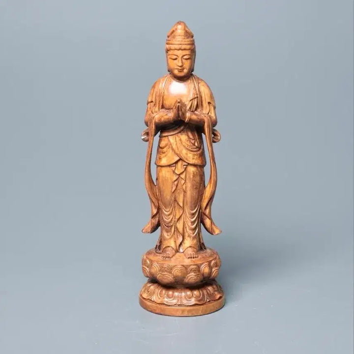 [BUNJANG] Yellow Sandalwood Wooden Buddha Statue with Lotus Throne Antique Collectible Sculpture / 황양목조 목제 합장보살 연화좌 입상 불상 불교 골동품 수집품 조각상
