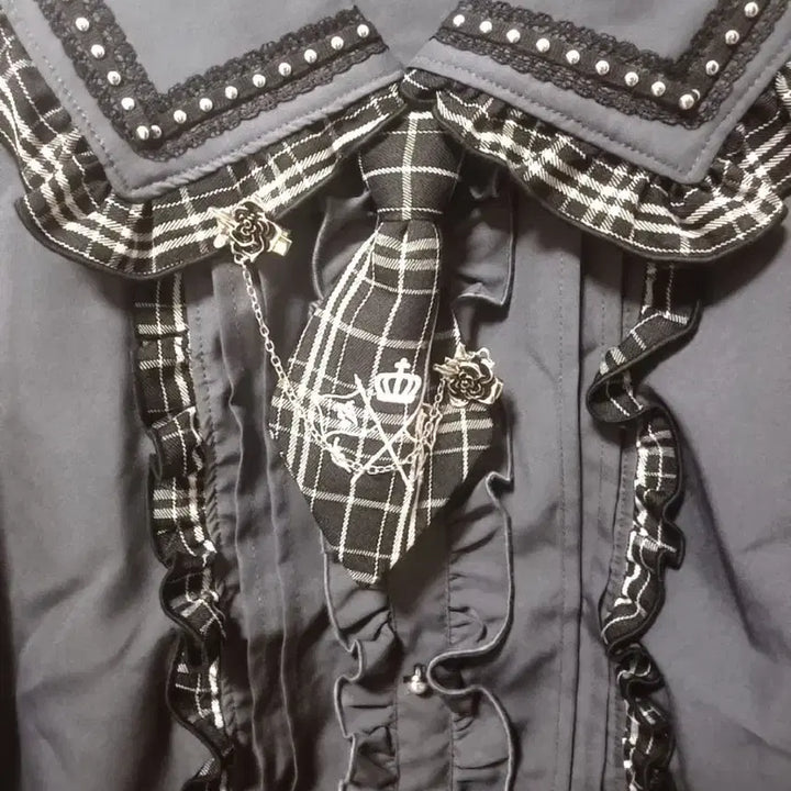 [BUNJANG] No:emi Check Frill Mini Tie Blouse / 교판) 노에미 체크 프릴 미니 넥타이 블라우스