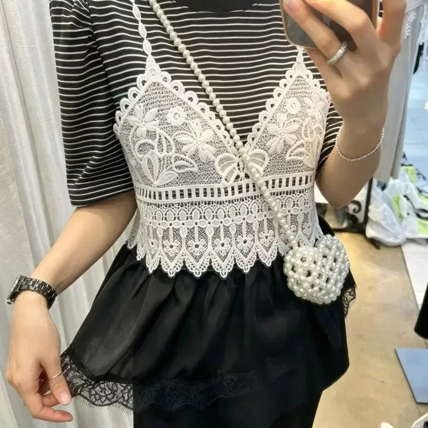 [BUNJANG] Striped Layered Puff Sleeve T-Shirt / 단가라 레이어드 퍼프 티셔츠