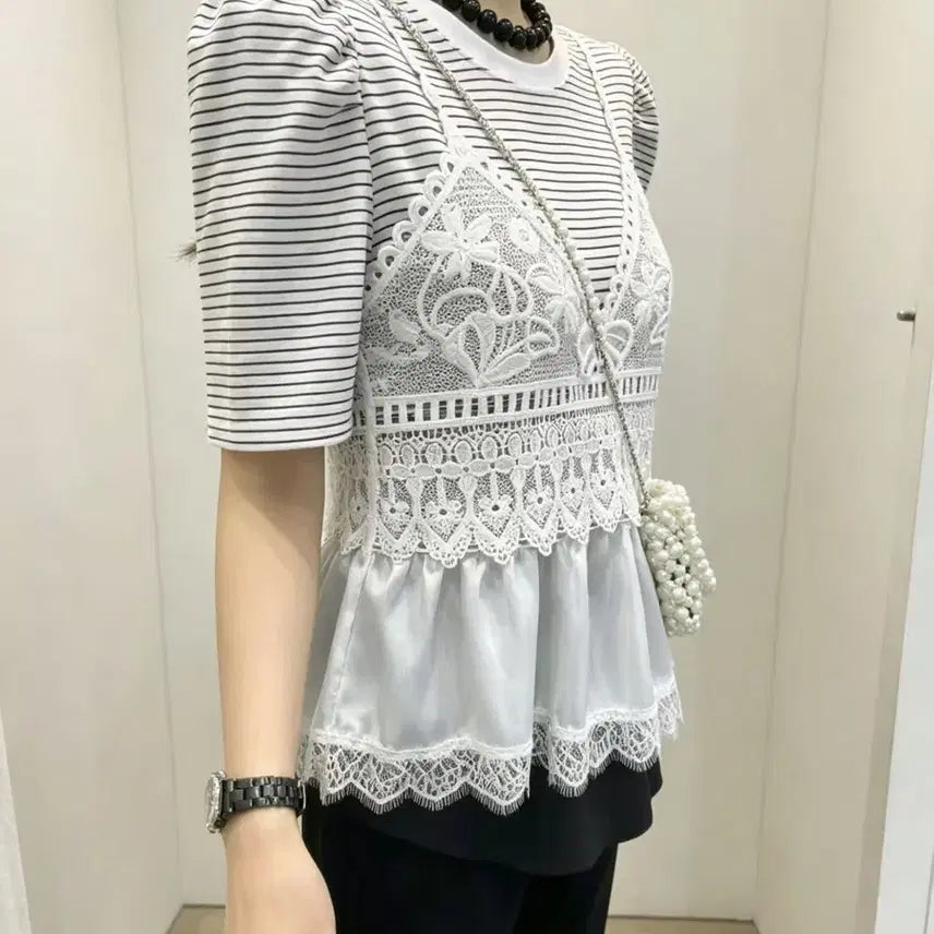 [BUNJANG] Striped Layered Puff Sleeve T-Shirt / 단가라 레이어드 퍼프 티셔츠