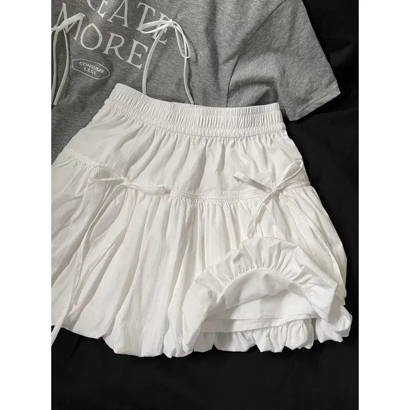 [BUNJANG] White Ribbon Banding Mini Skirt / 당일발송) 새상품 화이트 리본 밴딩 미니 스커트
