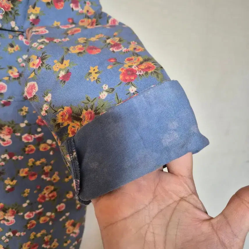 [BUNJANG] Flower Print Long Denim Shirt / 플라워 프린팅 청롱셔츠