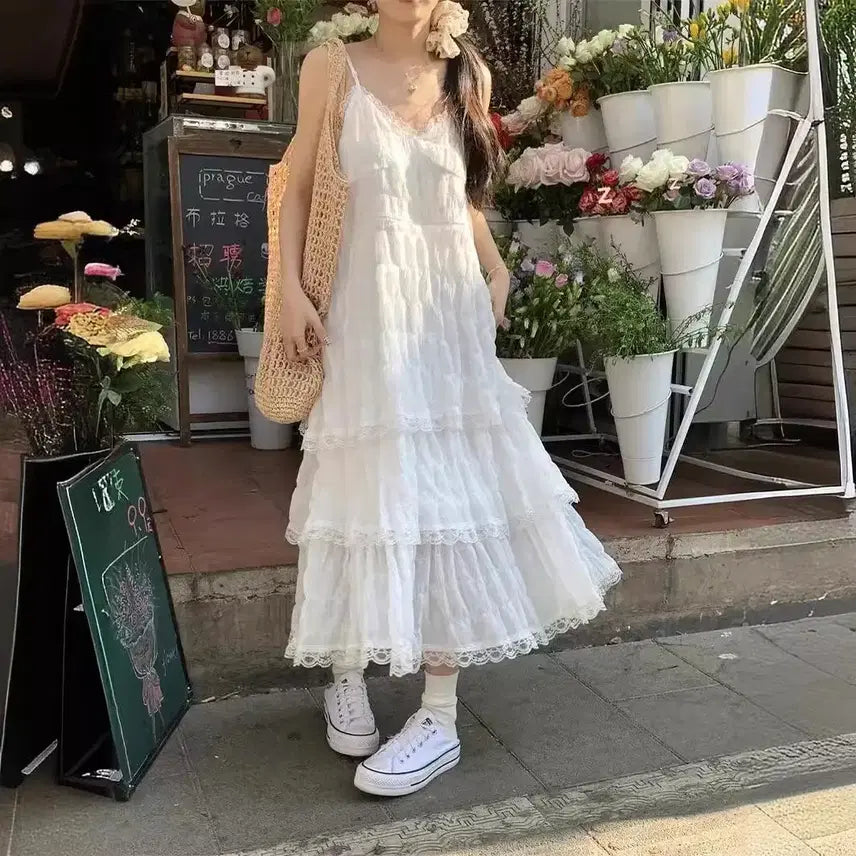 [BUNJANG] Lace Tiered Long Dress / 당일발송) 새상품 레이스 캉캉 롱원피스