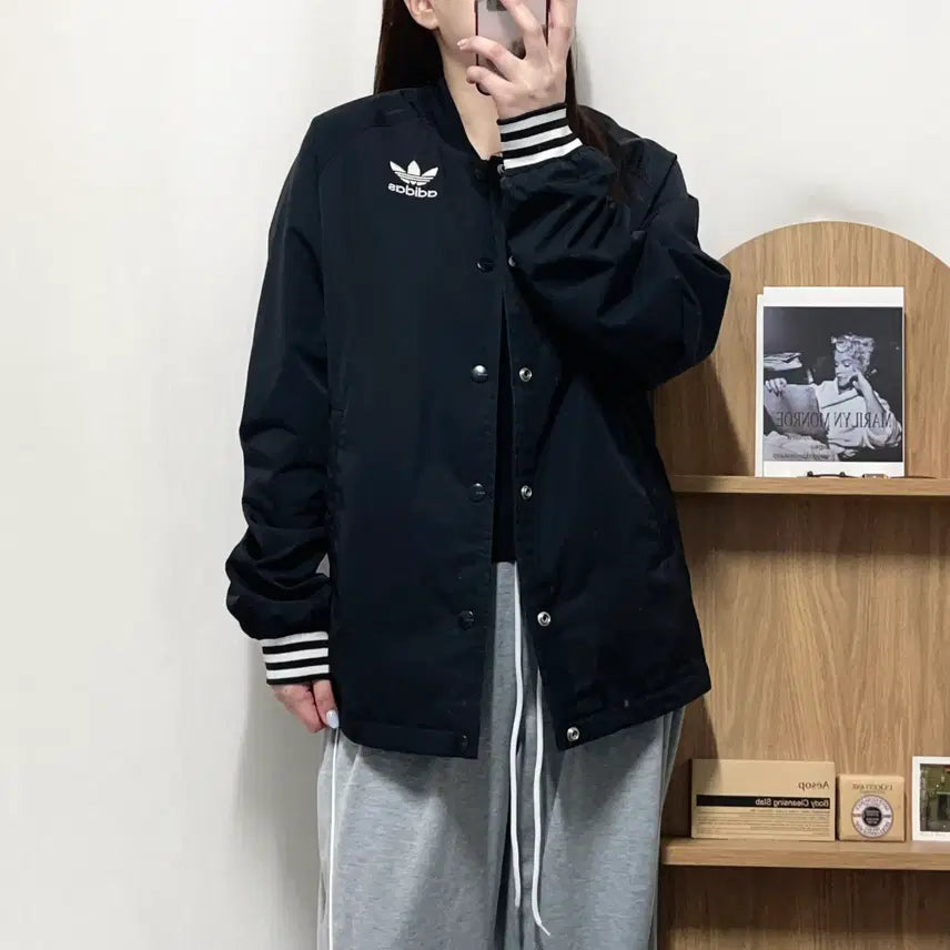 [BUNJANG] Adidas Black Trefoil Snap Button Jumper (90) / [정품] 아디다스 블랙 트레포일 똑딱이 점퍼 [ 90 ]