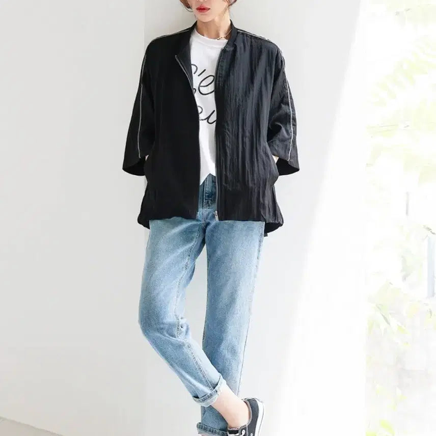 [BUNJANG] Haru Maybe Rayon 7-Sleeve String Collarless Zip-Up Jumper / 바스락 7부 스트링 집업 점퍼 ( F )
