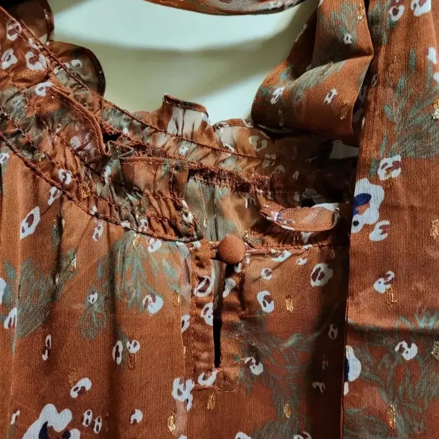 [SOLD OUT] 폴앤조 플라워 패턴 롱 원피스 브라운 쉬폰 리본