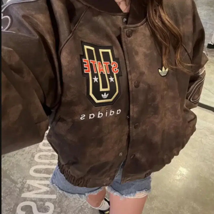 [BUNJANG] Adidas Leather Varsity Jacket Brown Unisex / 아디다스 레더 바시티 자켓 브라운 (남녀공용)