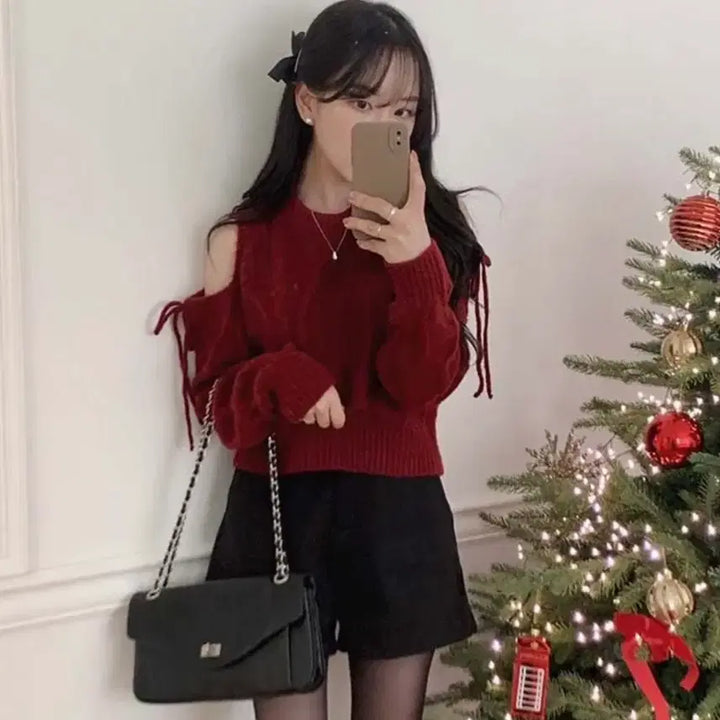 [BUNJANG] Maychu String Off-Shoulder Knit - Red / 에이블리 연말룩 메이츄 스트링 오프숄더 니트 고퀄