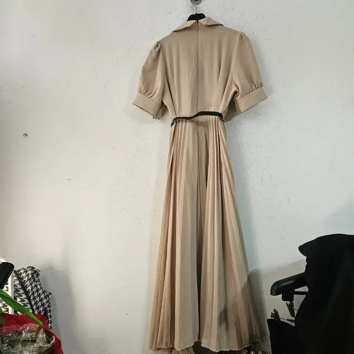 [BUNJANG] Beige Pleated Long Dress Belt Set / 베이지색 플리츠 롱 원피스 벨트 세트
