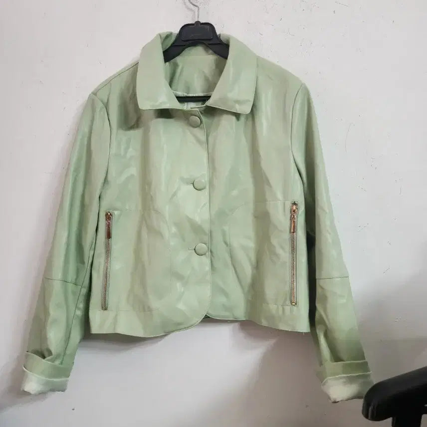 [BUNJANG] Mint Faux Leather Jacket (Size 66) / 민트색 인조 가죽 자켓 (66사이즈)