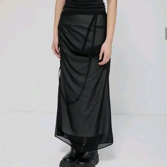 [BUNJANG] Flare Up Draped Mesh Layered Long Skirt Black / 플레어업 드레이프 메쉬 레이어드 롱스커트 블랙