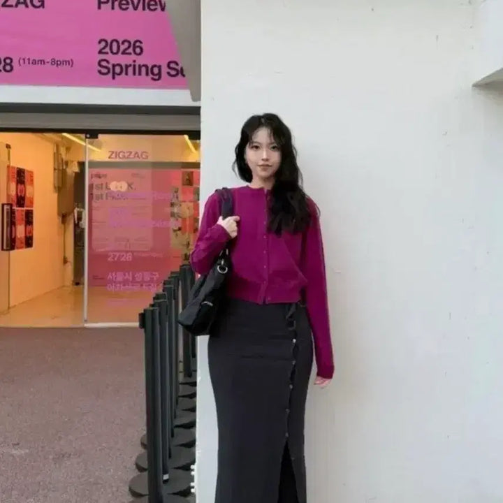 [BUNJANG] Hane Magenta Essential Round Cardigan (M) / 하네 마젠타 에센셜 라운드 가디건 M사이즈