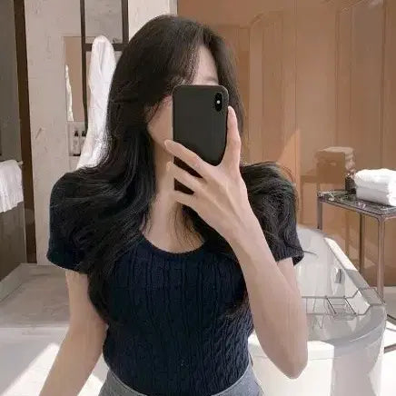 [BUNJANG] HINIQUE Twisted Short Sleeve Knit Navy / 히니크 꽈배기 반팔니트 네이비
