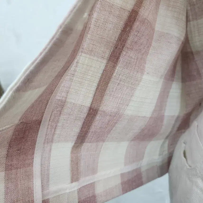 [BUNJANG] Pink Check Square Neck Short Sleeve Blouse / 핑크 체크 스퀘어넥 반팔 블라우스