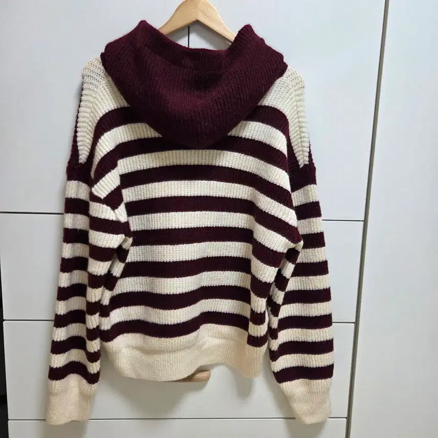 [BUNJANG] Oversized Burgundy Stripe Hooded Knit / (실착1회) 후드 니트 버건디 스트라이프 오버핏