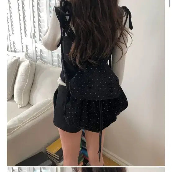 [BUNJANG] Dot Pattern Velvet Backpack Black / 도트 무늬 벨벳 백팩 블랙