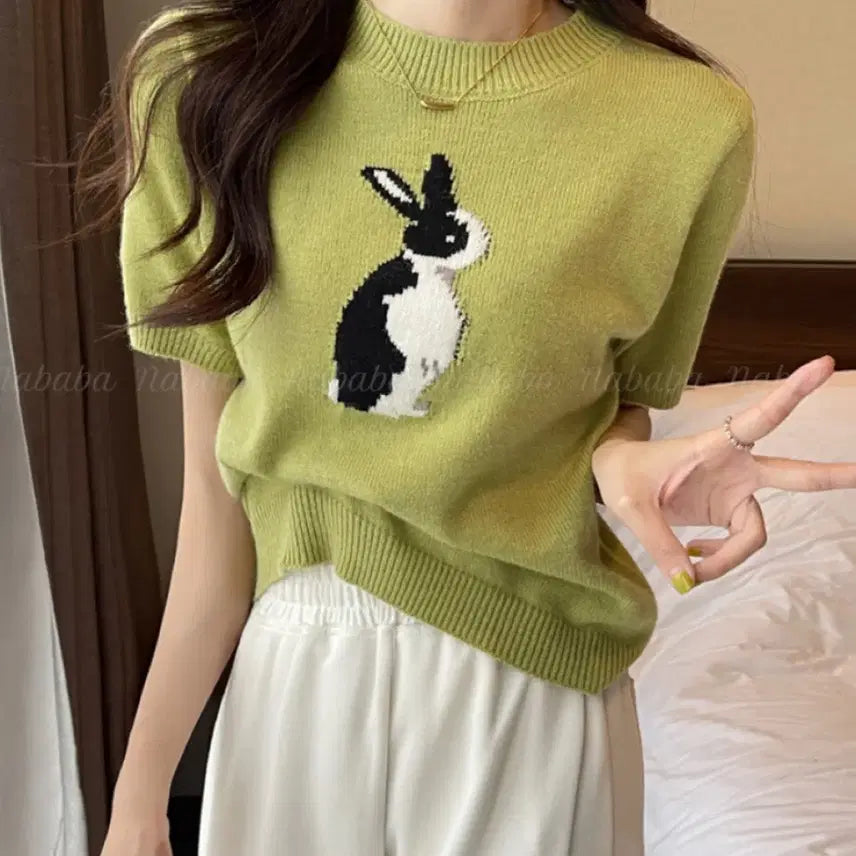 [BUNJANG] Lovely Rabbit Basic Short Sleeve Knit T-shirt / 러블리 래빗 베이직 반팔 니트티