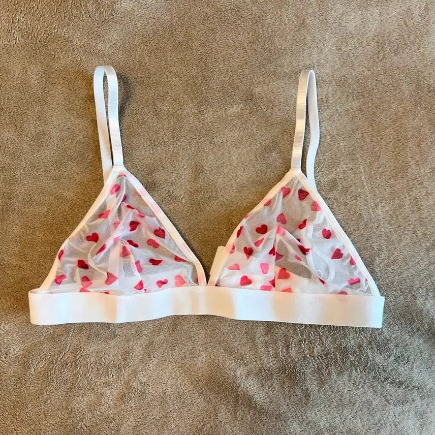 [BUNJANG] Heart Print Triangle Bralette - White / (중고) 하트프린트 삼각 브라렛 화이트