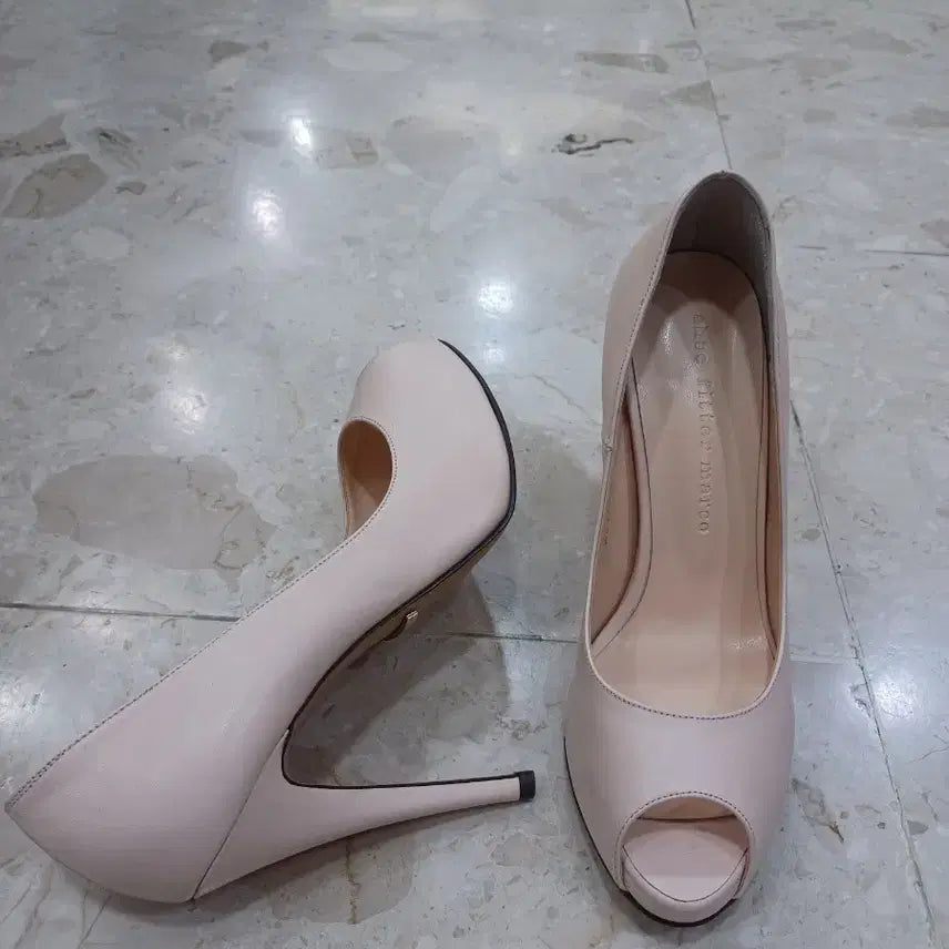 [BUNJANG] Handmade Leather Open-Toe Heels (Pink Beige) / 수제화 오픈토