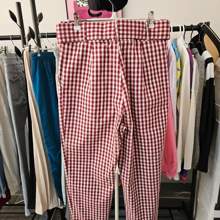 [BUNJANG] Red Check Belt Wide Pants / 레드 체크 벨트 와이드 팬츠