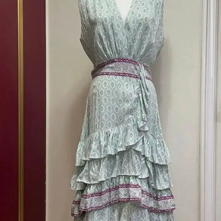 [BUNJANG] Mint Pattern Frill Wrap Long Dress - New Arrival / 민트 패턴 프릴 랩 롱 원피스. 새상품