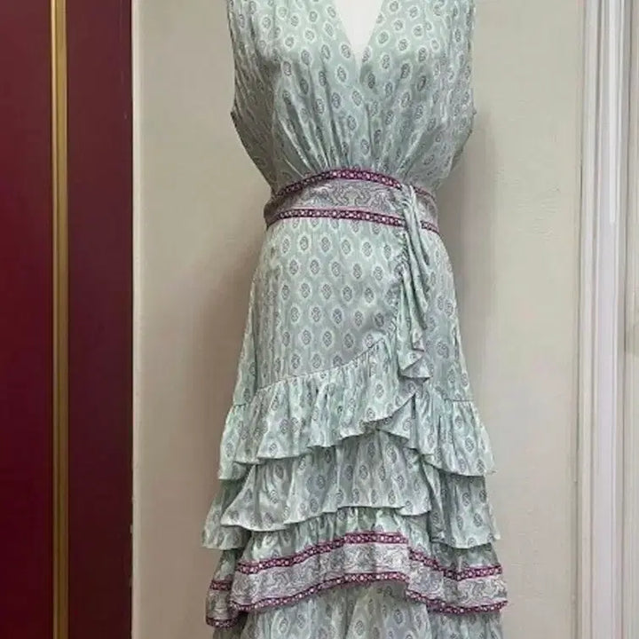 [BUNJANG] Mint Pattern Frill Wrap Long Dress - New Arrival / 민트 패턴 프릴 랩 롱 원피스. 새상품