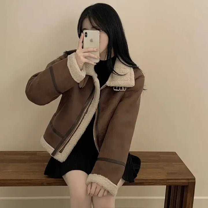 [BUNJANG] Suede Cropped Buckle High Neck Mustang Jacket / 스웨이드 크롭버클 하이넥 무스탕