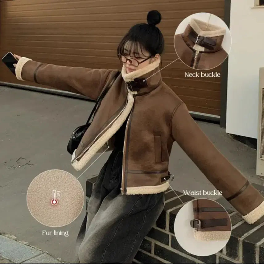 [BUNJANG] Suede Cropped Buckle High Neck Mustang Jacket / 스웨이드 크롭버클 하이넥 무스탕