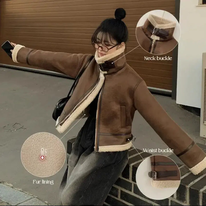 [BUNJANG] Suede Cropped Buckle High Neck Mustang Jacket / 스웨이드 크롭버클 하이넥 무스탕