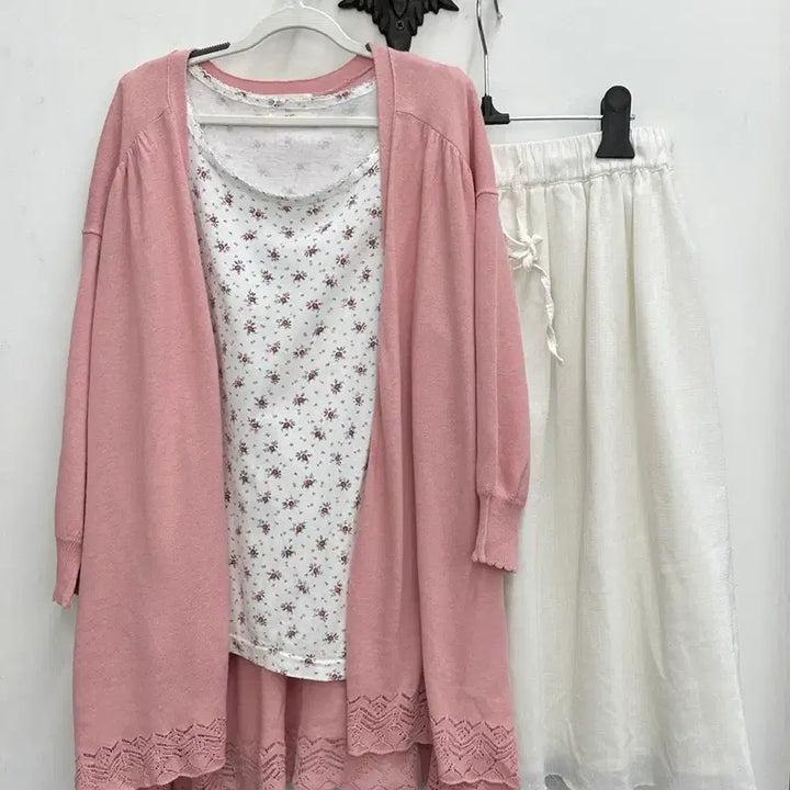 [BUNJANG] Hagumi Mori Girl Floral Pattern Midi Skirt Cardigan Coordinate Set / 일본빈티지 봄 하구미 모리걸 가디건 플라워패턴 미디스커트 코디세트